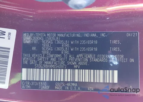 2021 Toyota Highlander Xle из США, поврежденный, VIN 5TDGZRBHXMS540972